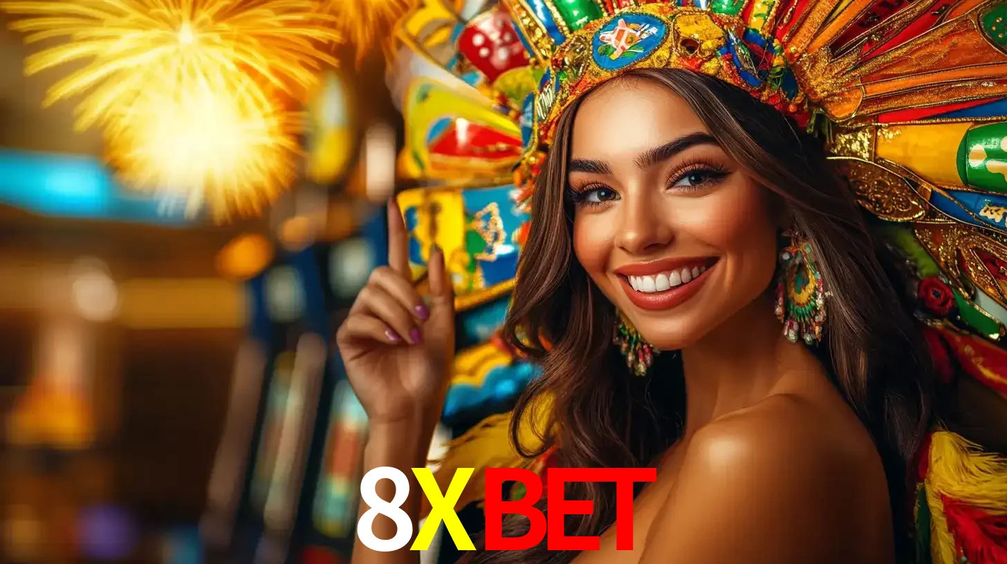Mulher sorridente com um cocar de carnaval vibrante e colorido, celebrando uma grande vitória nos jogos do cassino 8XBET com fogos de artifício ao fundo.