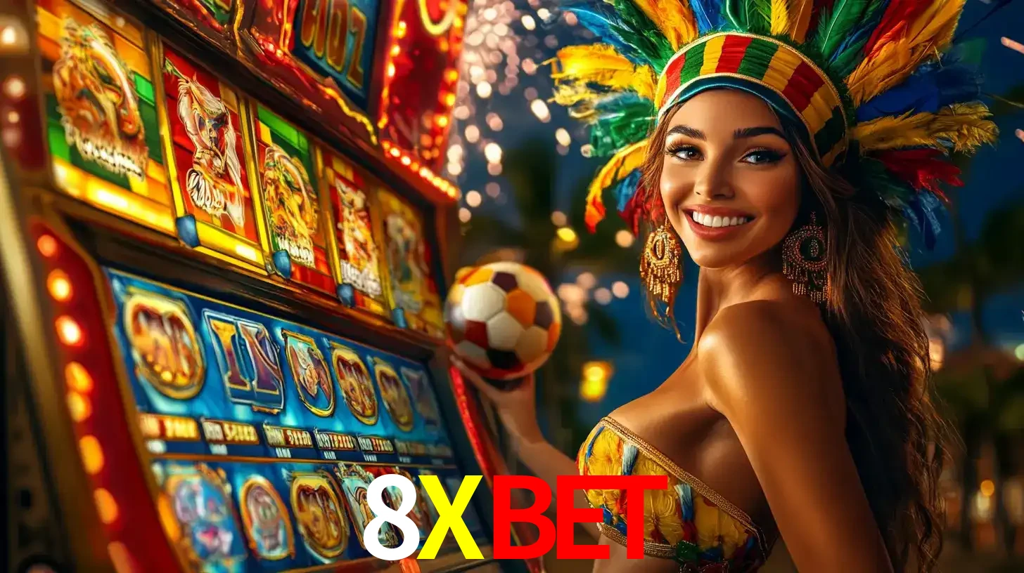 Mulher com um cocar de carnaval ao lado de uma máquina de caça-níqueis enquanto segura uma bola de futebol, mostrando a união da diversão de cassino e esportes no 8XBET.