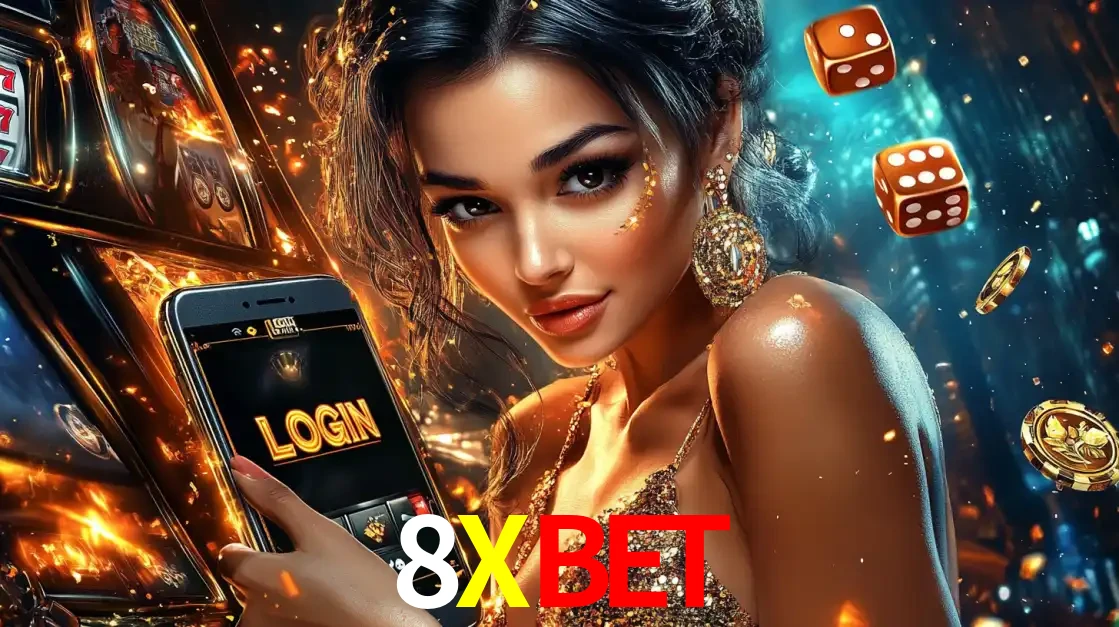 Mulher glamourosa segurando um celular com a tela de login do cassino 8XBET, rodeada por dados e moedas douradas, pronta para começar a diversão.