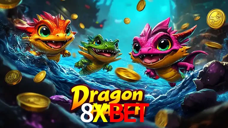 Arte promocional do jogo Dragon Hatch com três adoráveis dragões bebês nadando entre moedas de ouro, um dos slots mais divertidos para jogar no cassino 8XBET.
