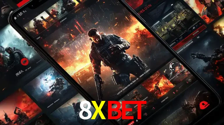 Tela de um celular exibindo uma galeria de jogos de tiro com temática militar, mostrando a variedade de e-sports disponíveis para apostas na plataforma de entretenimento 8XBET.