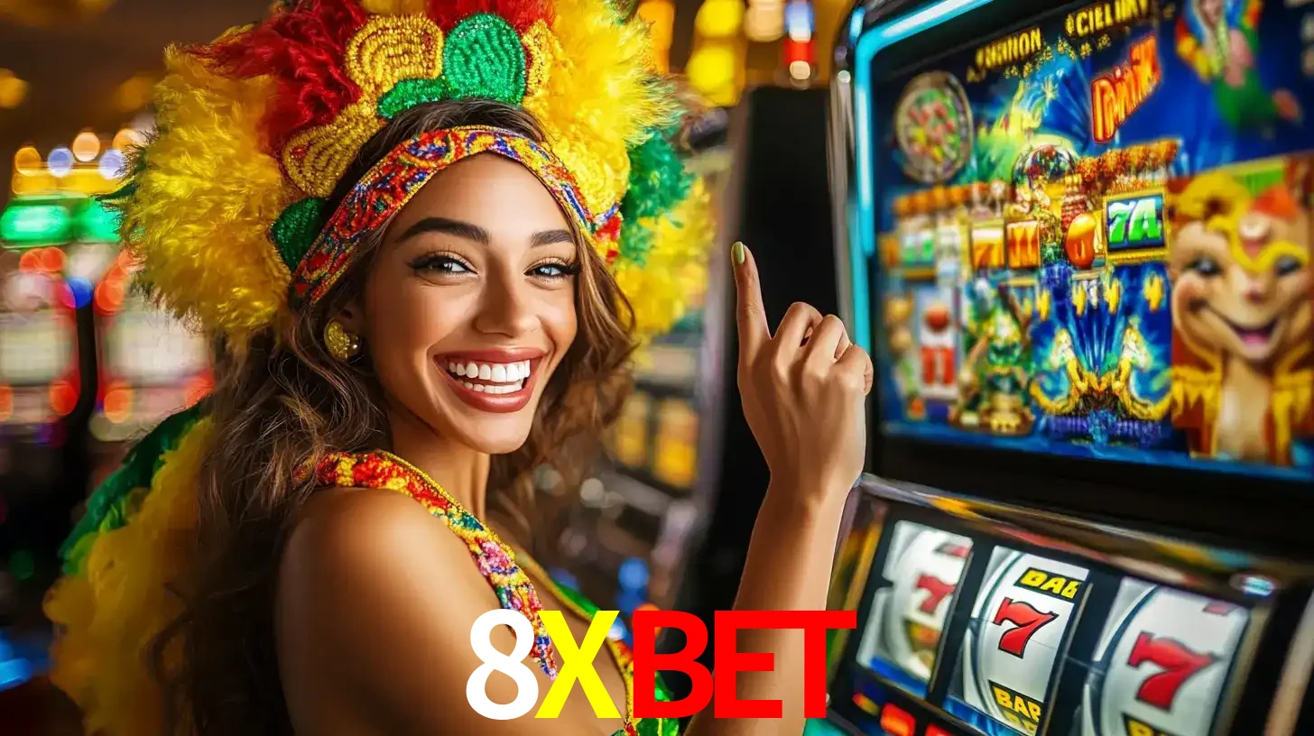 Mulher animada com um cocar de carnaval apontando para uma máquina de caça-níqueis, mostrando a emoção de ganhar um grande prêmio nos jogos do 8XBET.