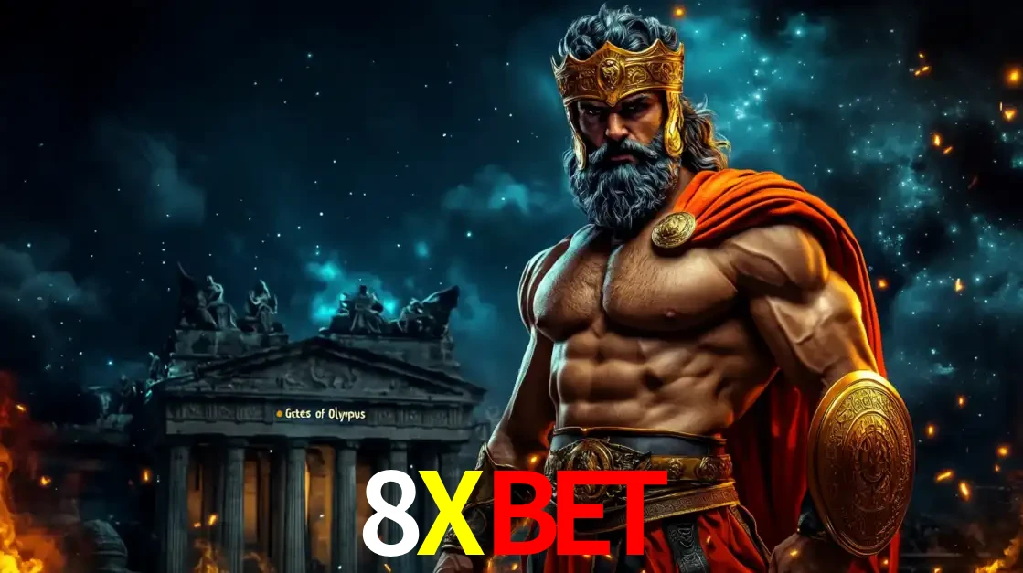 O poderoso Zeus do jogo de slot Gates of Olympus em frente ao seu templo, pronto para lançar multiplicadores divinos e prêmios épicos no cassino online 8XBET.