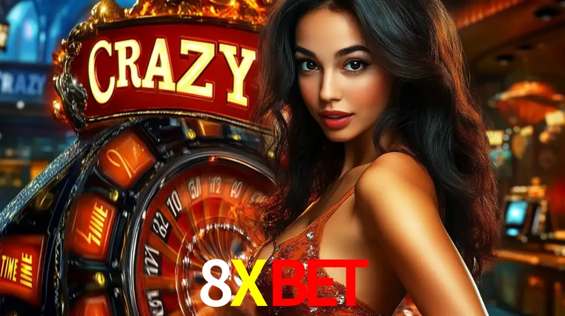 Mulher glamourosa olhando para a câmera com a roda vermelha do Crazy Time ao fundo em um ambiente de cassino, destacando a emoção dos jogos ao vivo no 8XBET.