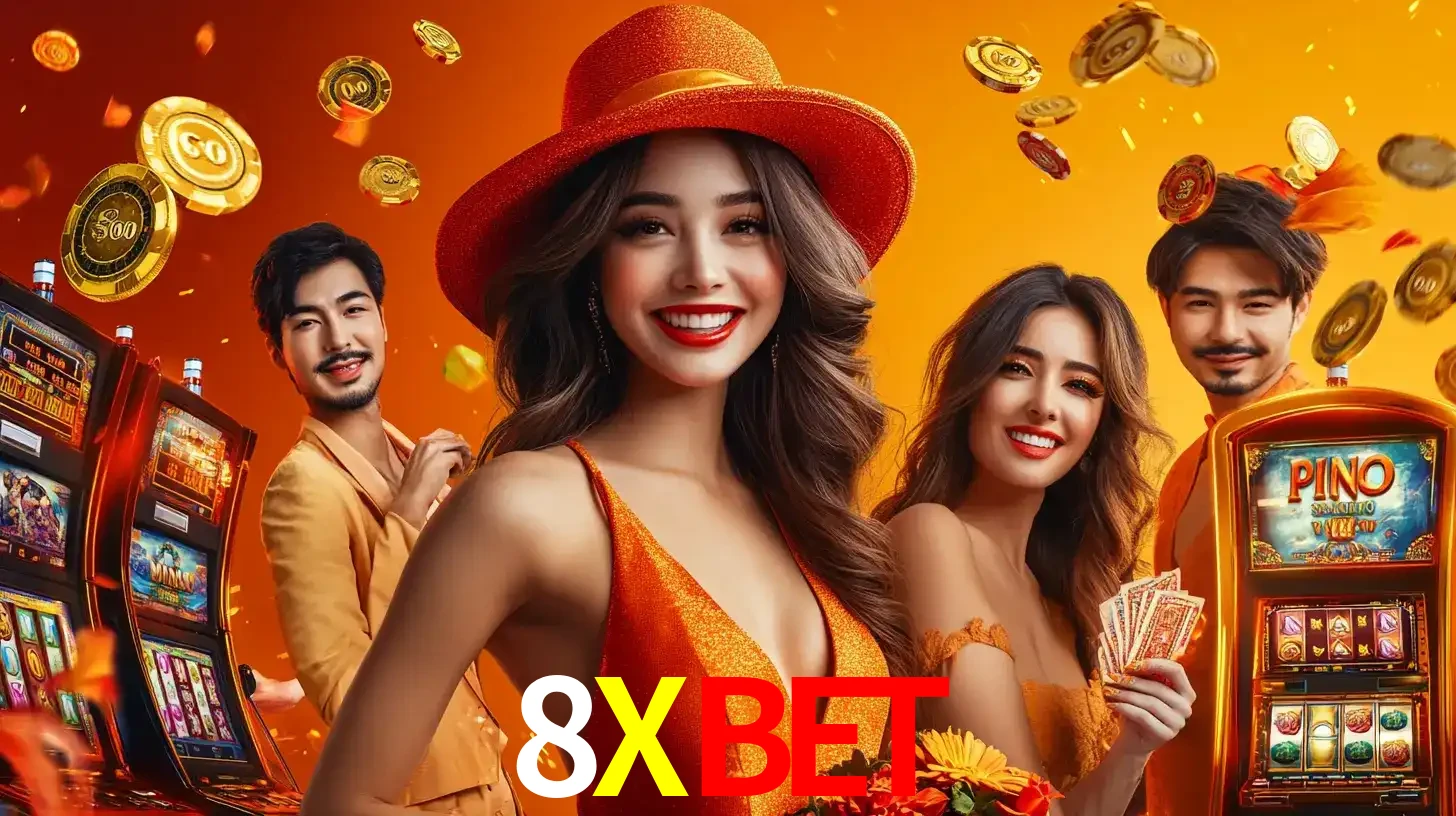 Grupo de amigos asiáticos sorrindo e se divertindo com máquinas de caça-níqueis em um ambiente festivo, celebrando suas vitórias nos jogos de cassino do 8XBET.