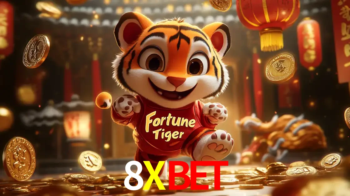 O alegre personagem do Fortune Tiger correndo sobre um caminho de moedas de ouro, simbolizando os grandes prêmios e a diversão do popular jogo de slot do 8XBET.