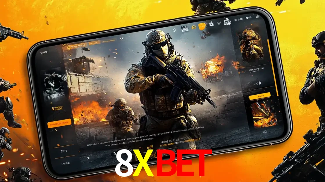 Um smartphone exibindo a interface de um jogo de tiro em primeira pessoa, com um soldado em um cenário de batalha, representando a ação dos e-sports para apostar no 8XBET.