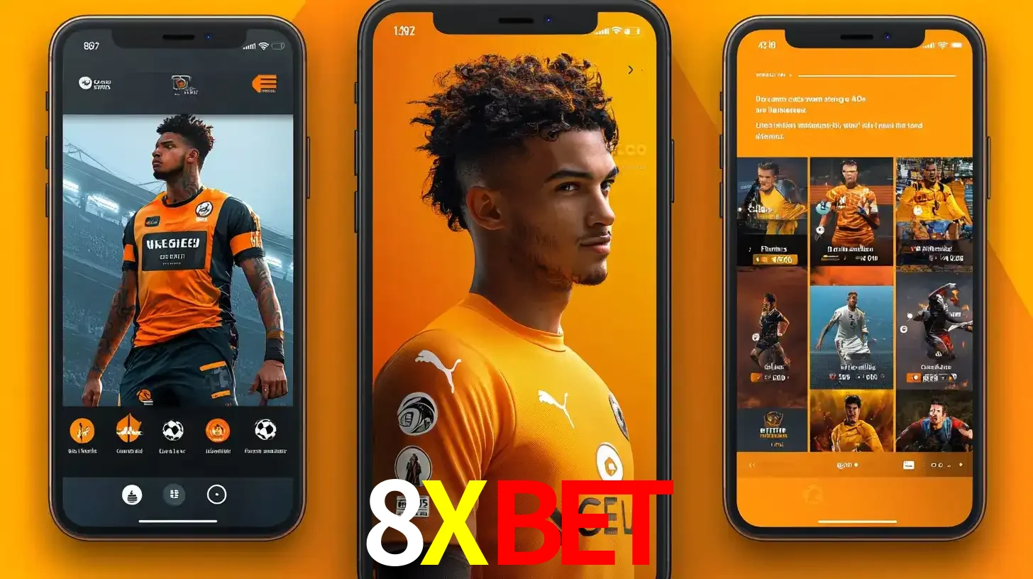 Interface do aplicativo de apostas esportivas 8XBET em três telas de celular, mostrando o perfil de um jogador de futebol e a lista de jogos disponíveis para apostar.
