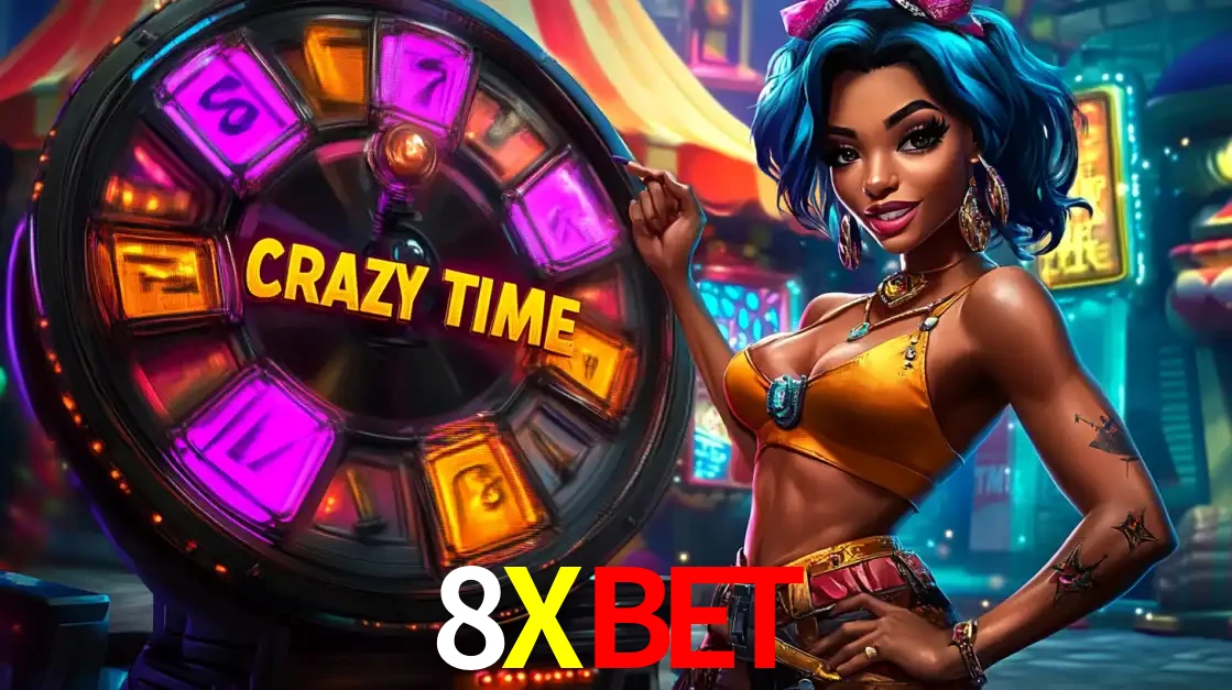 Mulher estilizada com cabelo azul e visual vibrante posando ao lado da roda de prêmios do game show Crazy Time, convidando para a diversão e os bônus do cassino 8XBET.