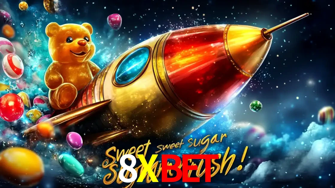 Arte promocional do jogo de slot Sugar Rush, com um urso de pelúcia em um foguete viajando pelo espaço de doces, um dos jogos divertidos disponíveis no cassino 8XBET.
