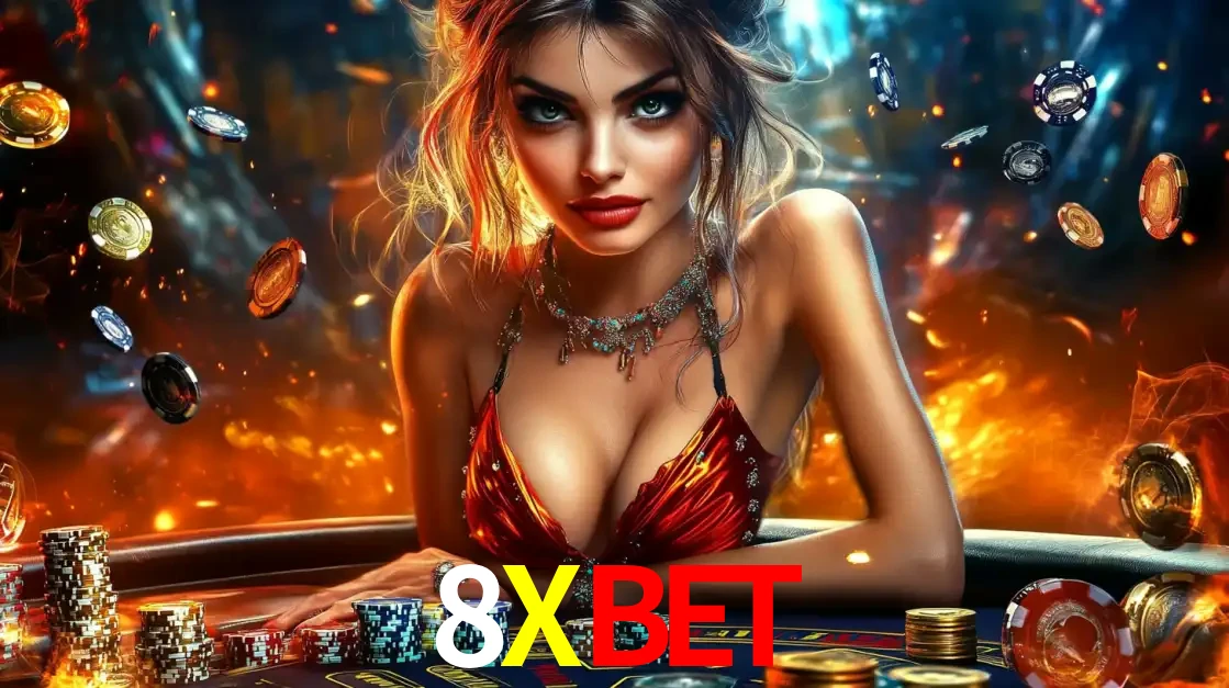 Mulher em uma mesa de cassino com pilhas de fichas e um fundo de fogo, pronta para uma rodada de altas apostas nos jogos de mesa emocionantes do cassino 8XBET.