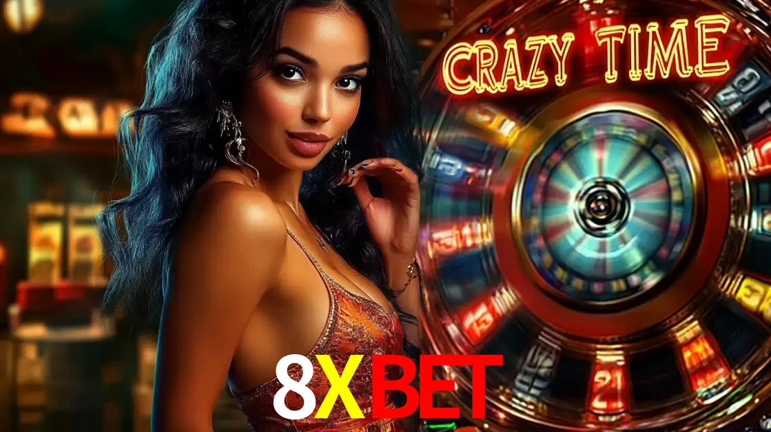 Mulher elegante ao lado da vibrante roda da fortuna do jogo de cassino ao vivo Crazy Time, um dos game shows mais populares e cheios de prêmios do 8XBET.