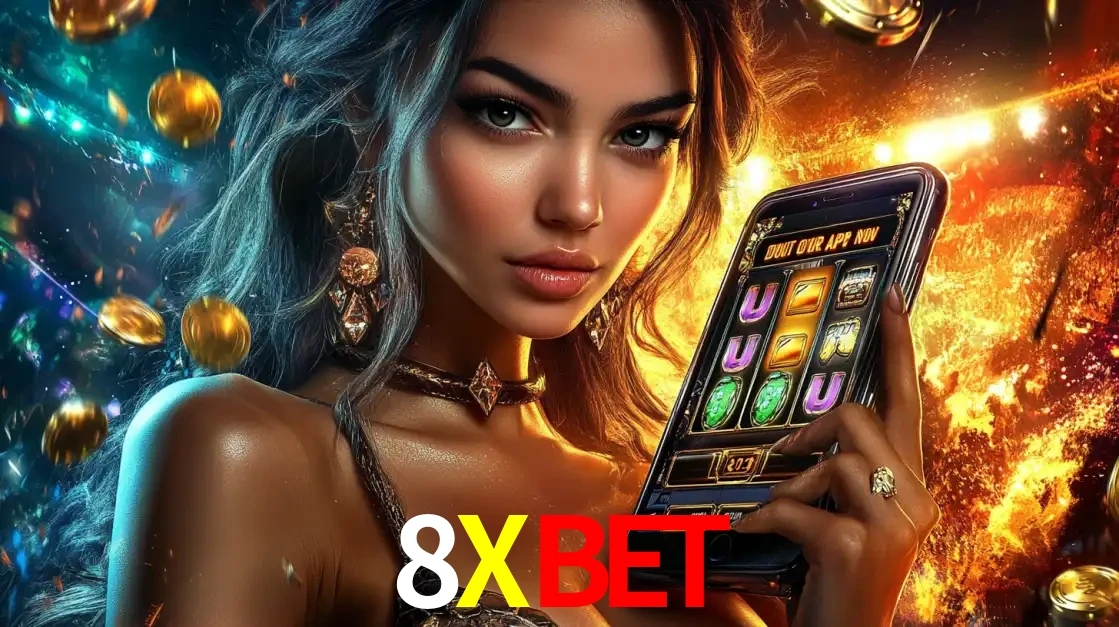 Mulher elegante mostrando um jogo de caça-níqueis em seu smartphone, destacando a experiência de cassino móvel oferecida pelo aplicativo 8XBET.