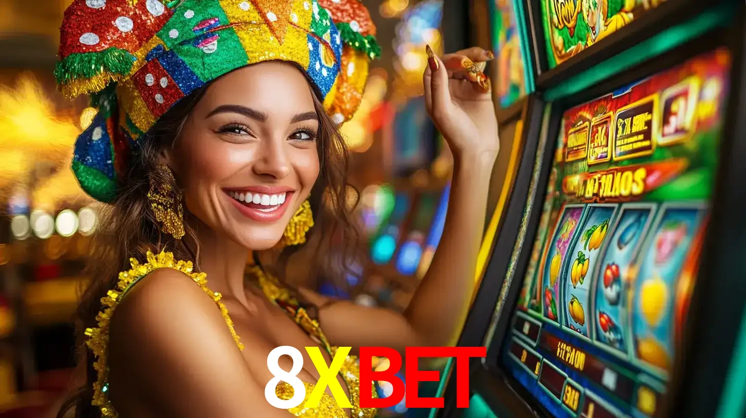 Mulher feliz com traje de carnaval amarelo e colorido ao lado de uma máquina de caça-níqueis, aproveitando a diversão e os jogos temáticos do cassino 8XBET.