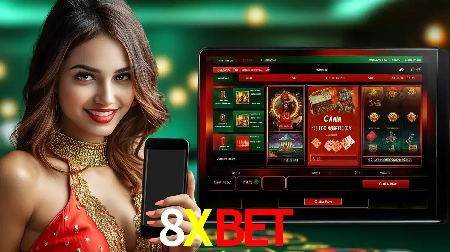 Mulher sorridente segurando um smartphone, ao lado de uma tela exibindo o lobby de jogos do cassino online 8XBET, com várias opções de jogos de cartas e slots.